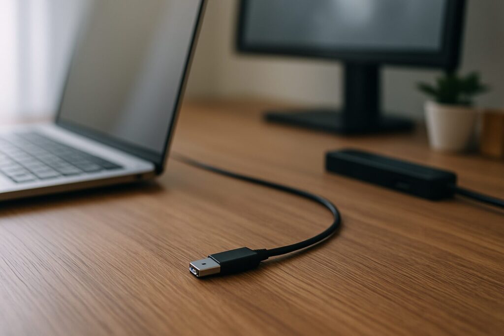 木目デスクの手前に伸びたケーブルと、少し奥にある差し込み口の距離がわずかに合っていない様子を写したデスクの写真