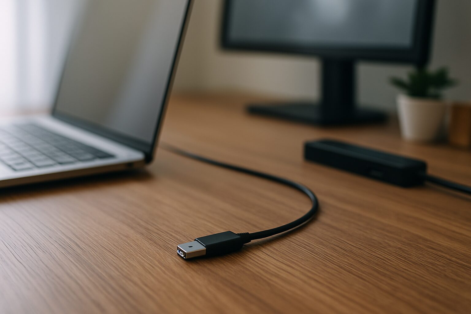 木目デスクの手前に伸びたケーブルと、少し奥にある差し込み口の距離がわずかに合っていない様子を写したデスクの写真