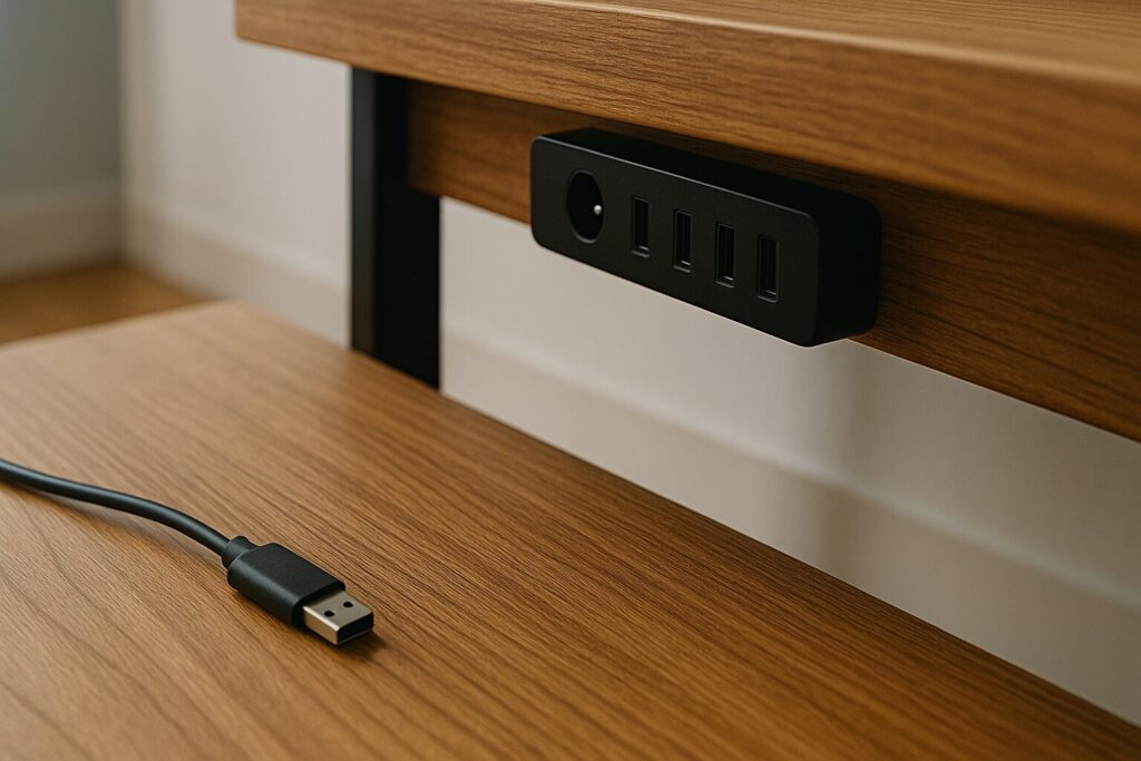 デスク下の側面に貼り付けた電源タップと、手前に置かれたケーブルの向きが合わず少し届きにくい様子を写した写真