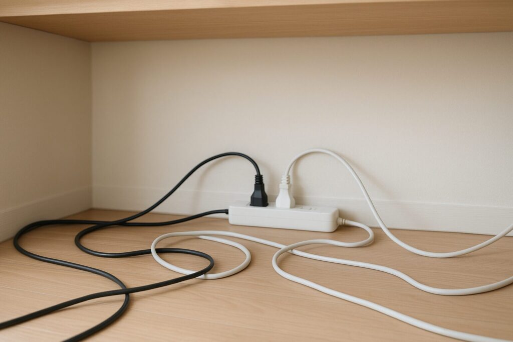 机の下でケーブルが床に向かって散らばっている様子