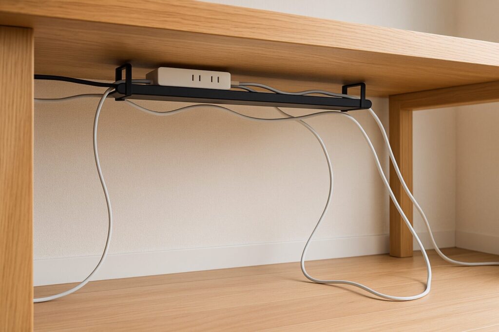 机の下でケーブルが棚に沿って流れ、電源タップが上にまとまっている様子
