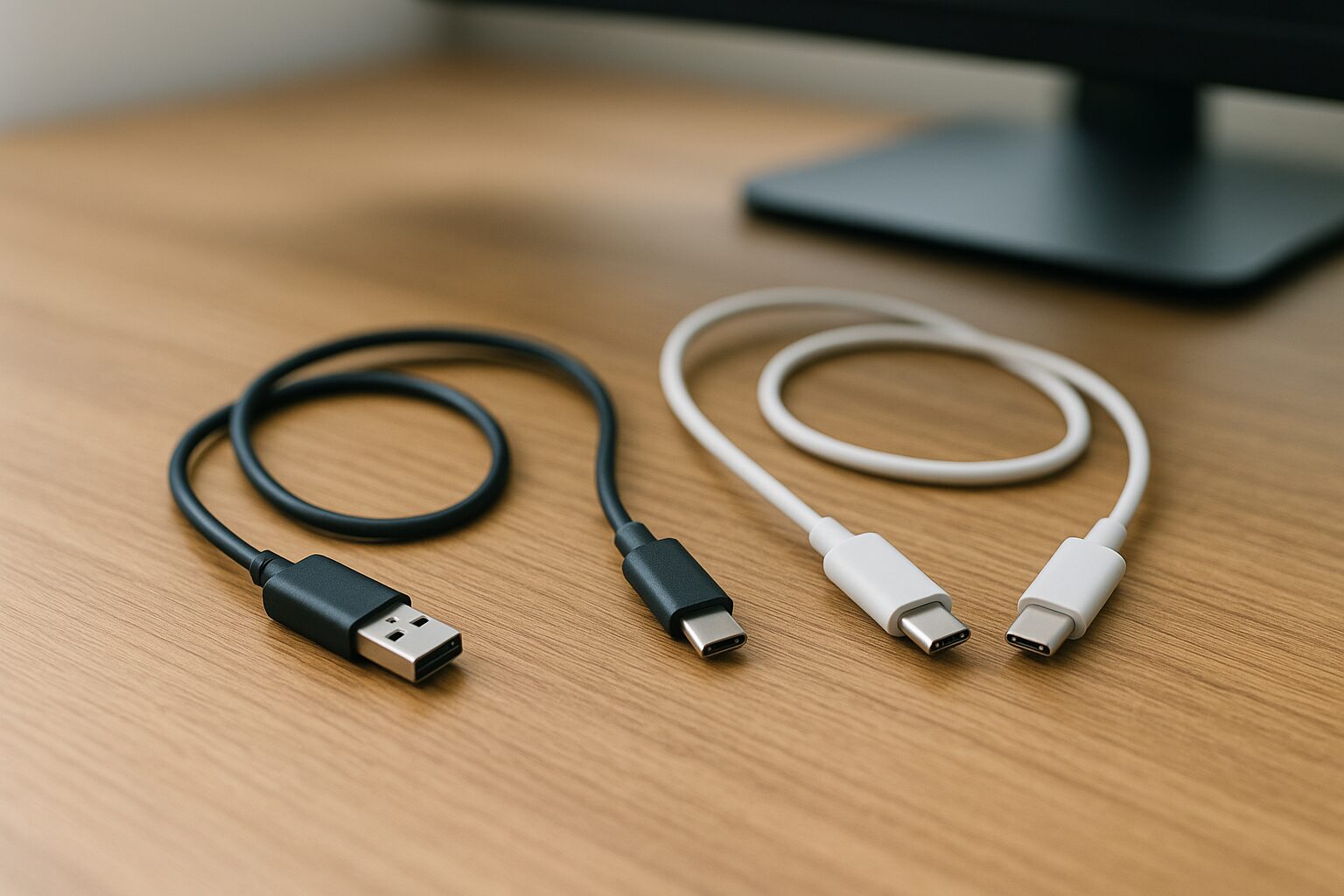 木目デスクに自然に置かれたケーブルが写る静かな作業風景