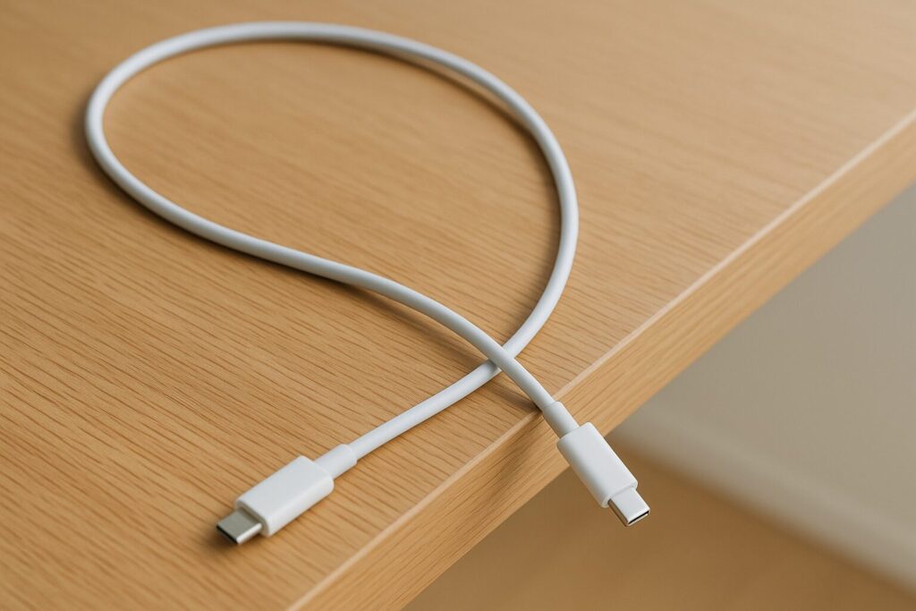 机の縁でケーブル先端が落ちかけている様子