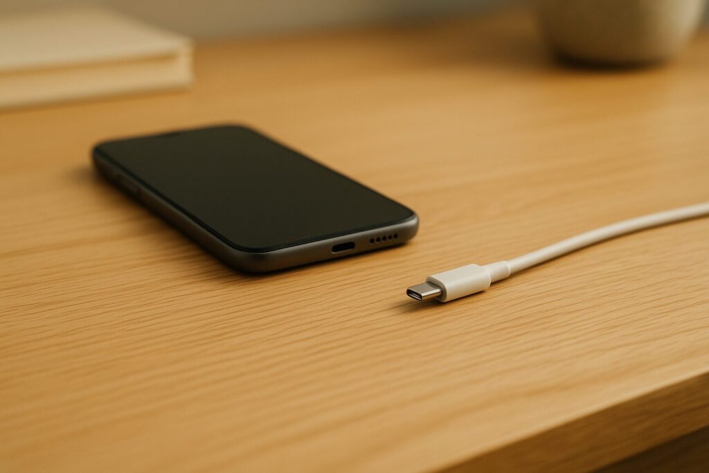 明るい木目のデスクで、充電ケーブルの先端がわずかに浮き、スマートフォンの差し込み口と高さが少しずれている様子。