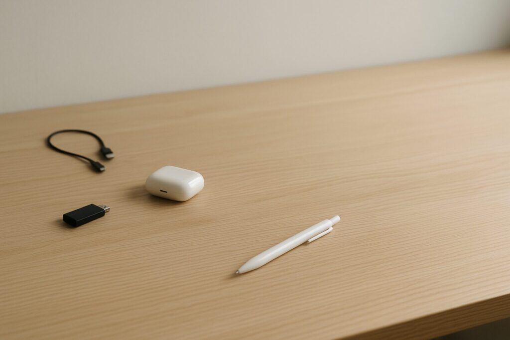 木目デスクの手前に小物がゆるく並び、奥に空白が広がる“戻す一回”の不在を伝える静かなデスクイメージ。