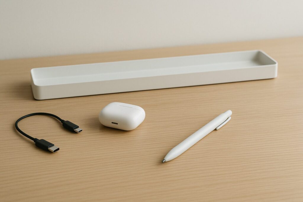 木目デスクの奥に浅いデスクバーが置かれ、手前にペンとイヤホンケースがそっと並ぶ静かなデスク導線のイメージ。
