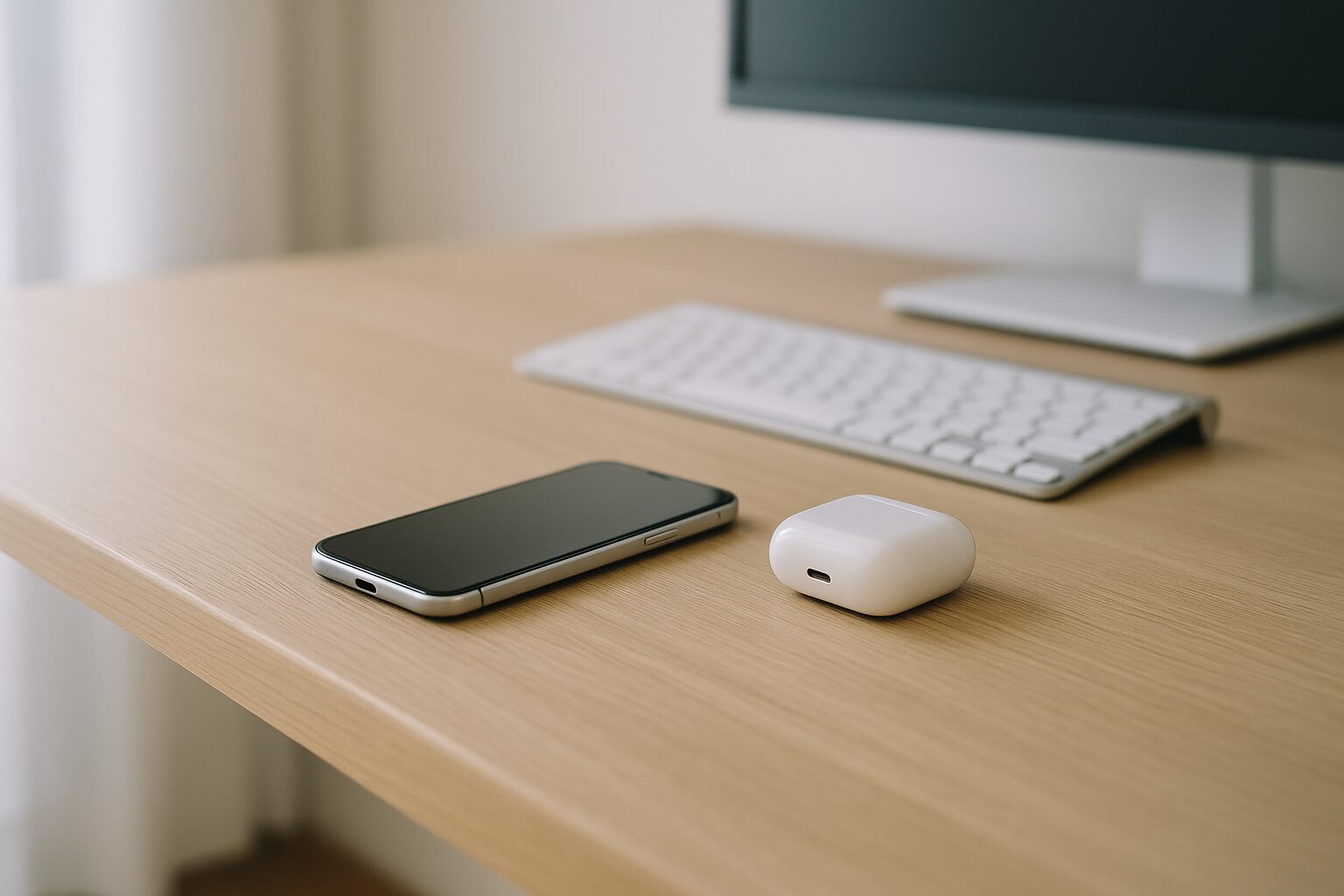 デスクの端に置いたスマートフォンに指先が届かず、距離のズレが生じている様子