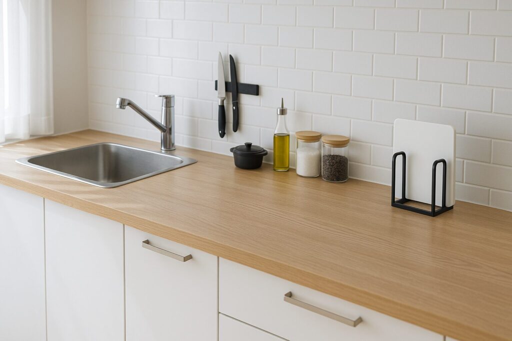 整ったキッチンの天板と自然光がやわらかく入る静かな作業空間