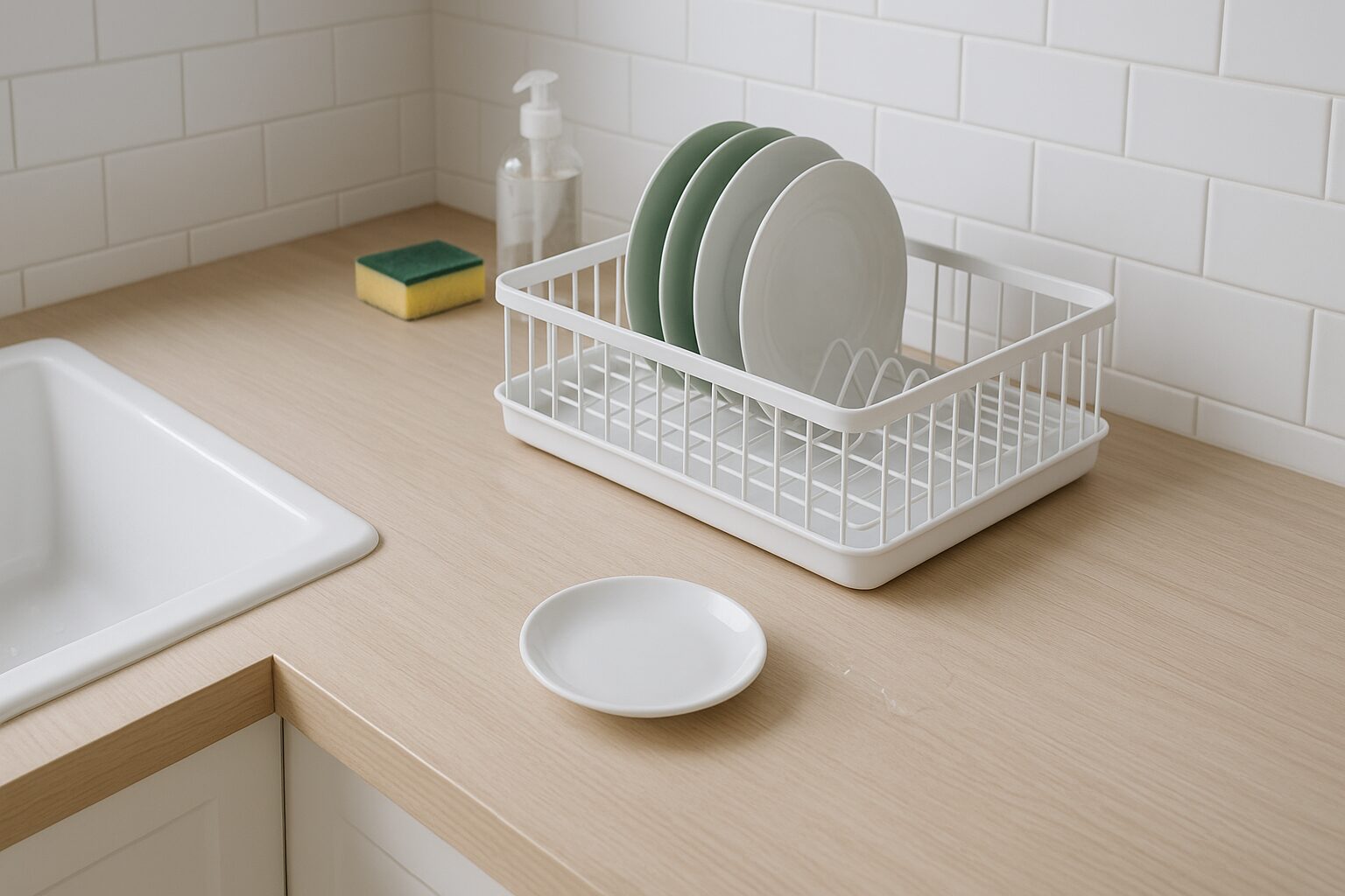 水切りラックの前で皿の置き場所に迷っているキッチンの様子