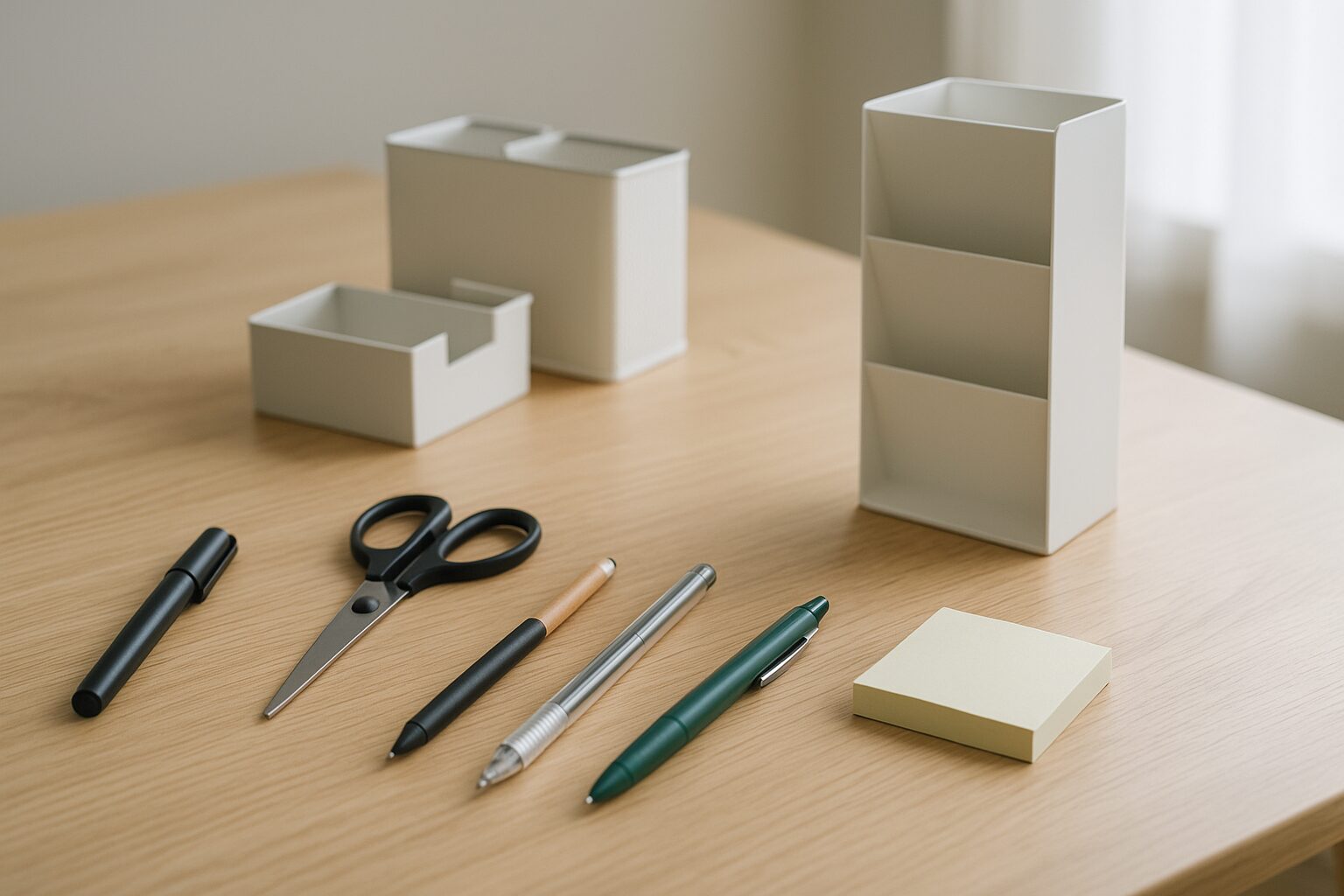 スクの上で高さの違う文具が混ざり、見つけにくさが伝わる静かな俯瞰構図