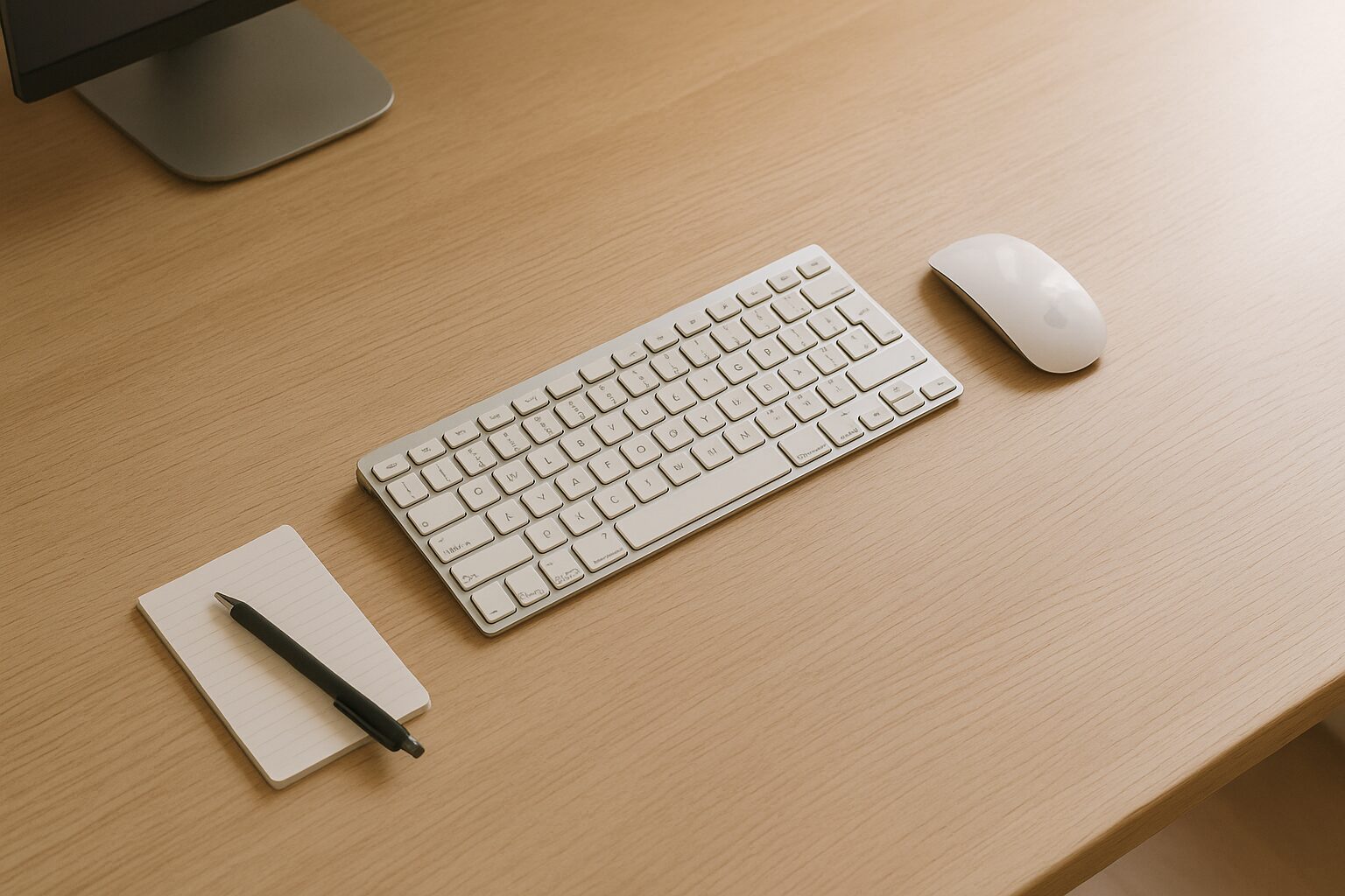 淡い自然光の差す木目デスクを俯瞰した静かな作業空間。キーボードとメモ帳が控えめに置かれ、整いすぎず散らかりすぎない自然なデスク