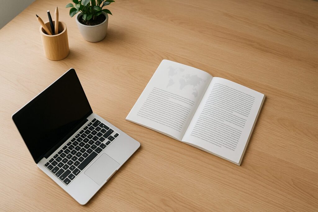 資料を横に置いたときの視線の上下差が伝わる静かなデスク風景