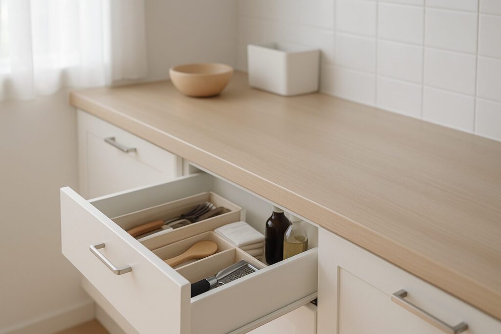 キッチンの引き出しまわりの静かな作業空間
