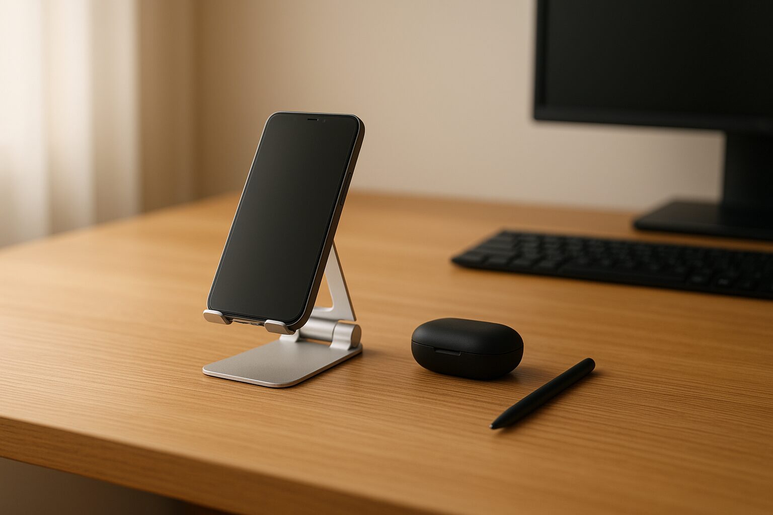 視線の通り道にスマホが向いた静かなワークスペース