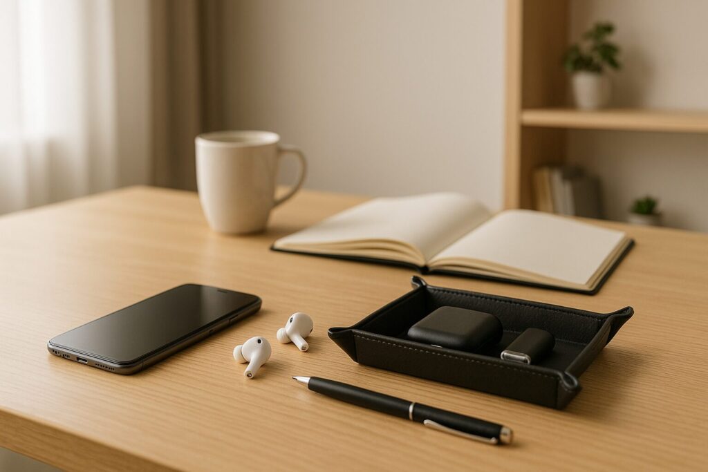 机の右手前に置かれた小さなトレーに、スマホとイヤホンなどの毎日使うガジェットが整えて収まっている様子