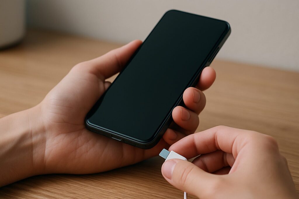 スマートフォンを片手で支え、もう片方の手で高さがわずかにずれた充電ケーブルを差し込もうとしている様子。