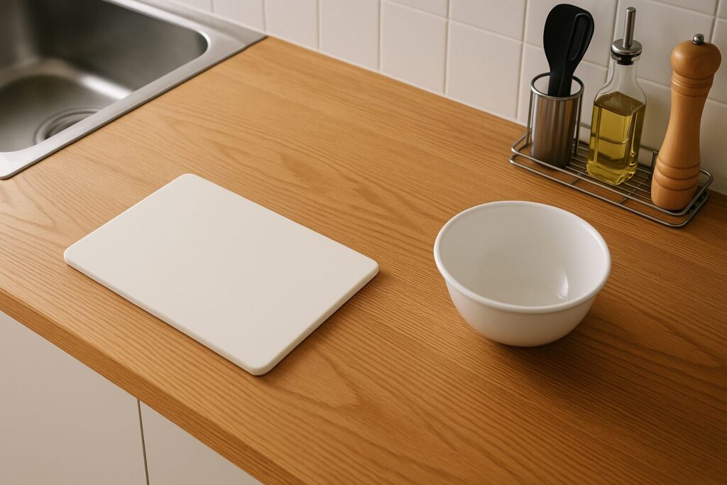 まな板とボウルの距離が少し遠く、置き場の迷いが伝わるキッチン台の俯瞰構図