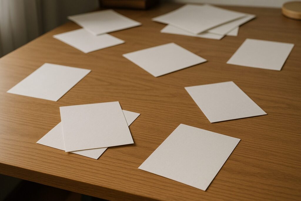 向きと置く順番が揃わず混ざった紙類が広がる様子の俯瞰写真