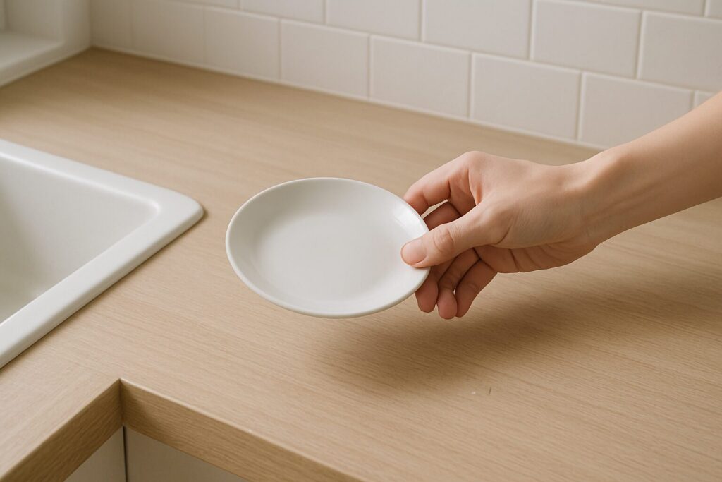 洗った小皿をどこに置くか迷って手が止まっている様子