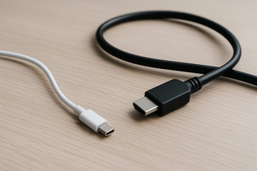 頻度の違うケーブルが同じ場所に混ざって置かれた机上の様子