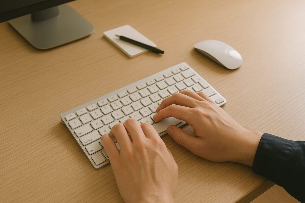 木目デスクでタイピング中、必要なペンやメモが少し遠い位置にあり、指先が届ききらず手が止まりそうになる距離のズレがわかる構図。