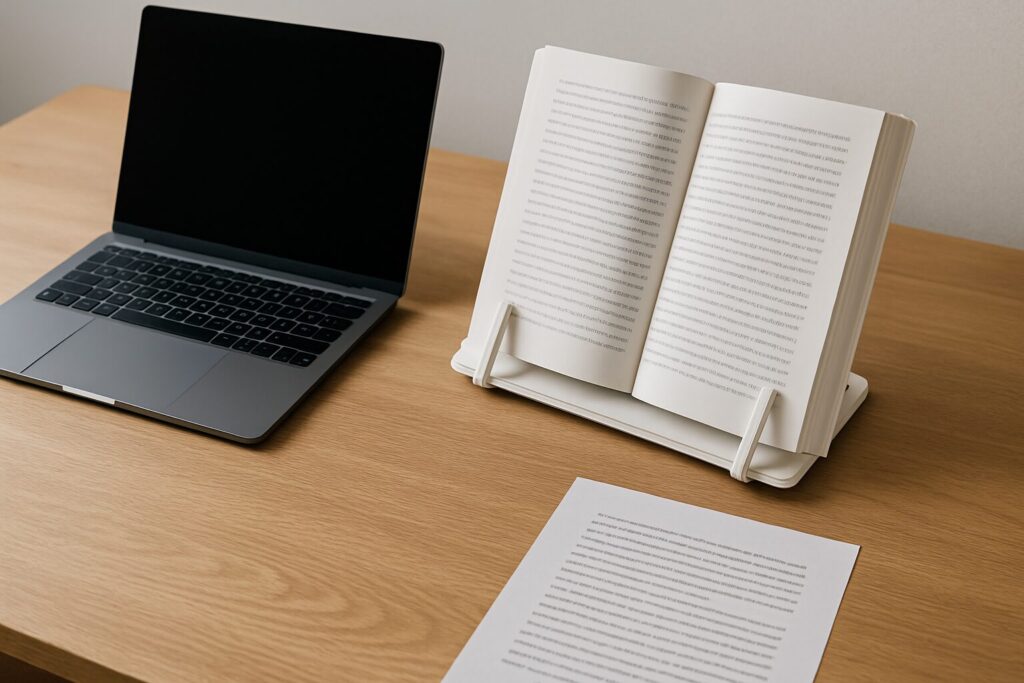 資料が低い位置にあり、視線が落ちて読みづらい瞬間を切り取った俯瞰構図