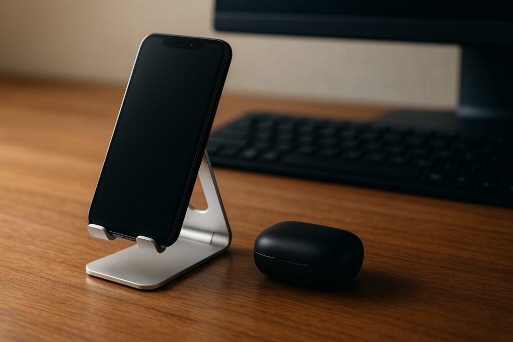 スマホスタンドに置いたスマホが視線方向に向いている机の様子