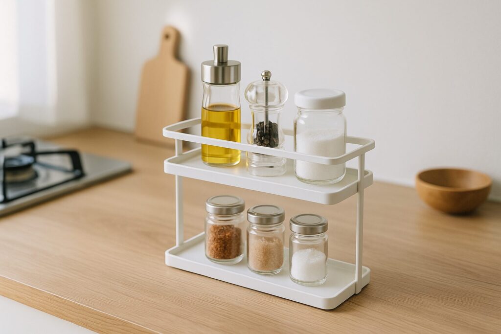 キッチンで調味料が軽く並んだ静かな導線イメージ