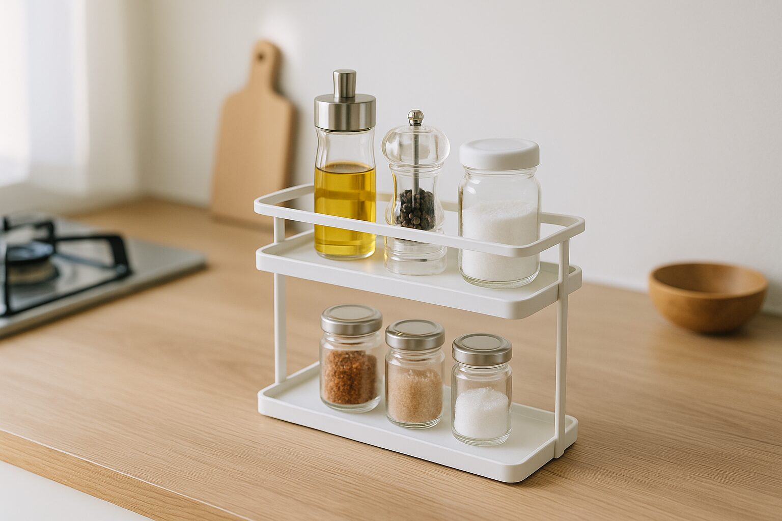 キッチンで調味料が軽く並んだ静かな導線イメージ