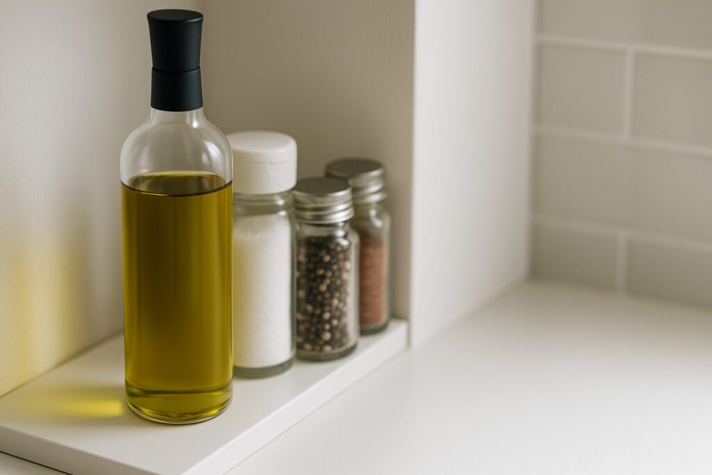 手前のボトルの影で奥の小瓶が見えにくくなるキッチン棚の様子