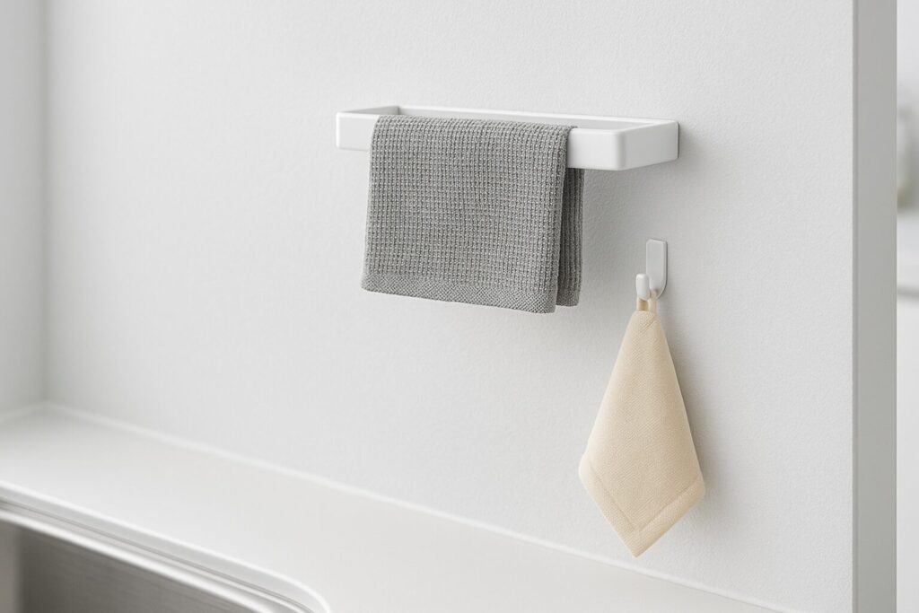 布巾の掛け位置が上下にずれた状態のキッチン壁面のクローズアップ