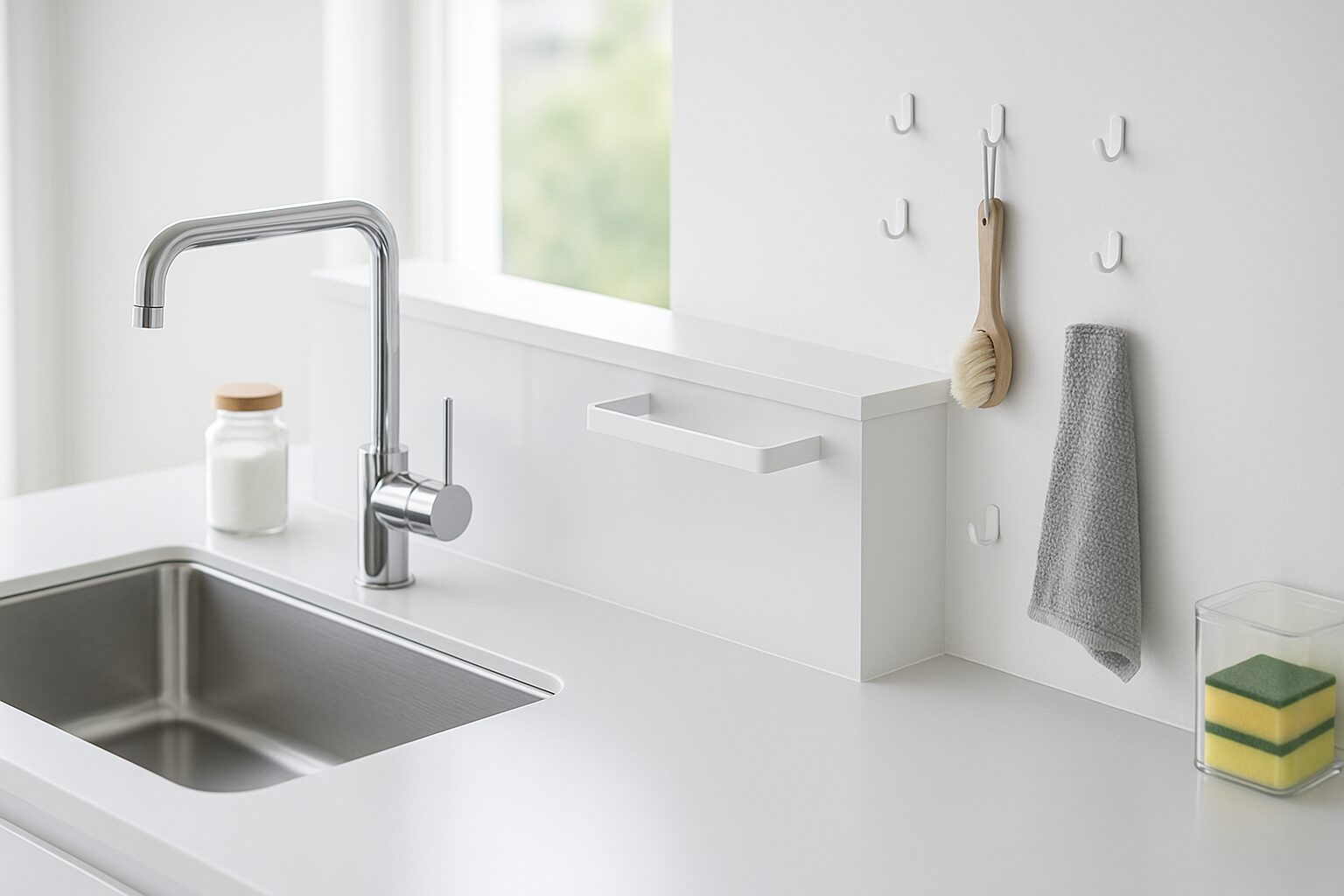 高さが揃わず布巾の定位置が分かりにくいキッチンの俯瞰写真