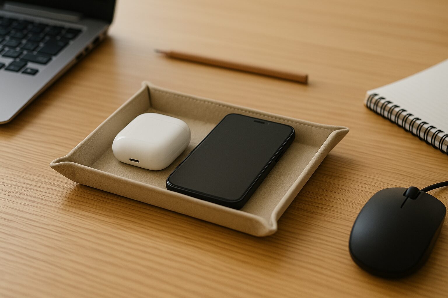 レザー浅型トレーにガジェットを置く静かなデスク風景