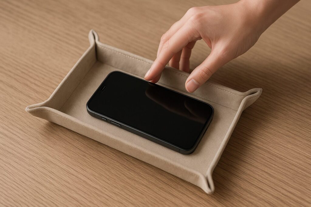 レザー浅型トレーに小物を戻すときの軌道が止まりにくい様子