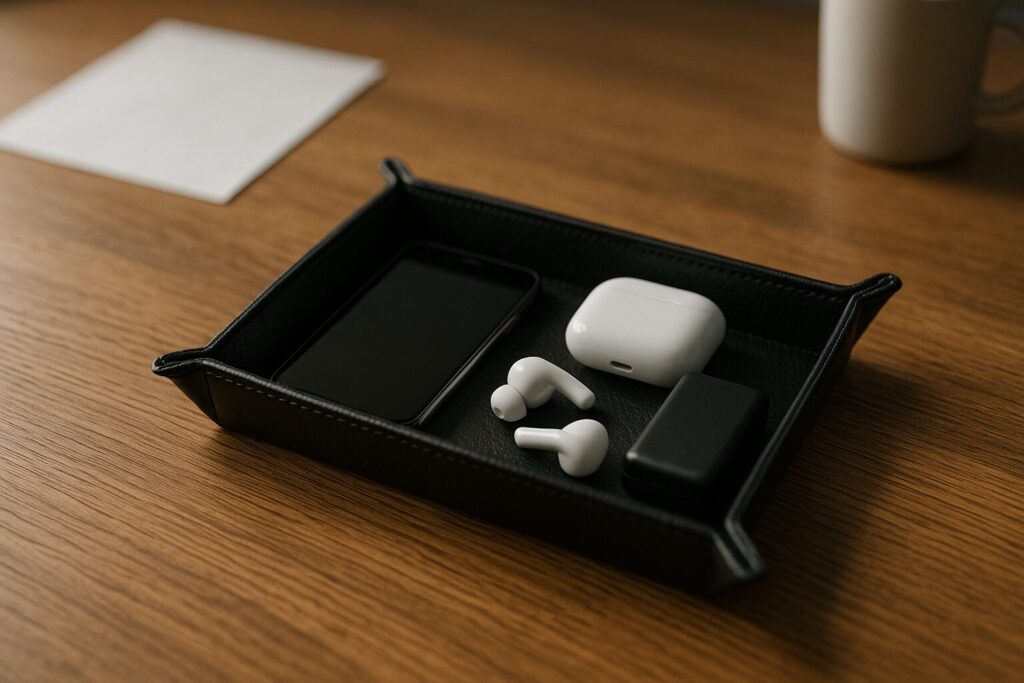 自然光が入るデスクの上にスマホやイヤホンが整えて置かれた、静かで整ったホームワークスペースの様子