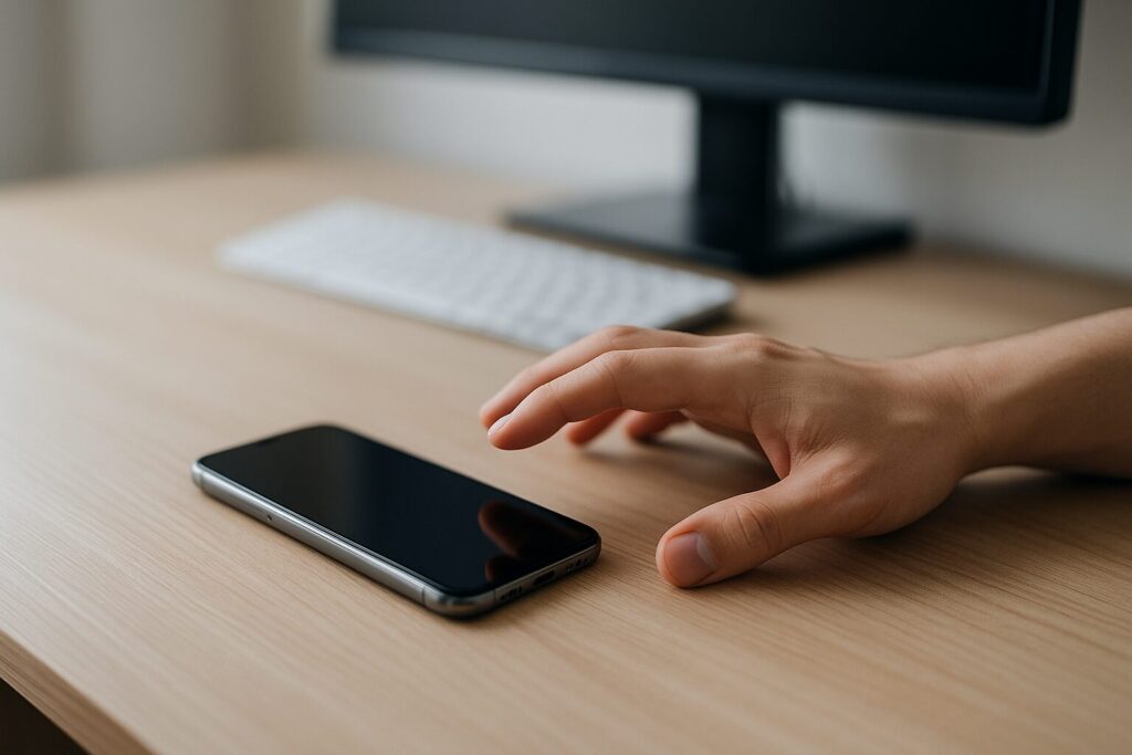 デスクの端に置かれたスマートフォンに指先が2〜3センチ届かず、距離のズレが生じている瞬間を捉えた写真
