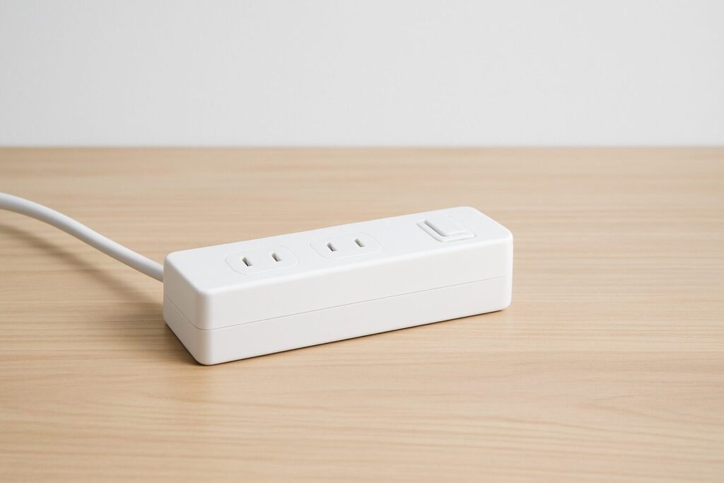 2口の白い電源タップの基本形を写した写真。差し込み口は縦スリット2本の2穴が2つ並ぶ構造で、コードは左側からのみ出ている。