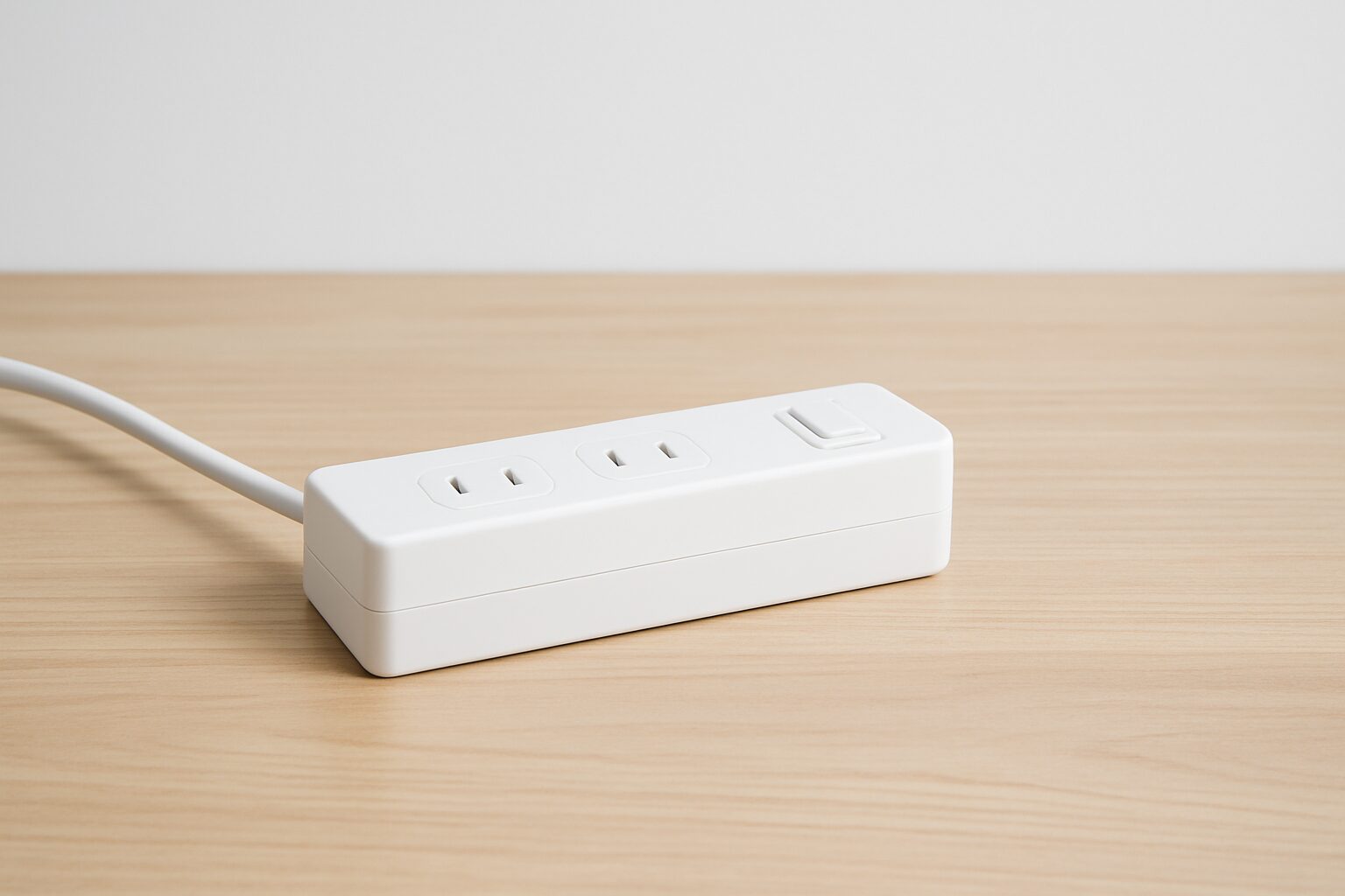 2口の白い電源タップの基本形を写した写真。差し込み口は縦スリット2本の2穴が2つ並ぶ構造で、コードは左側からのみ出ている。