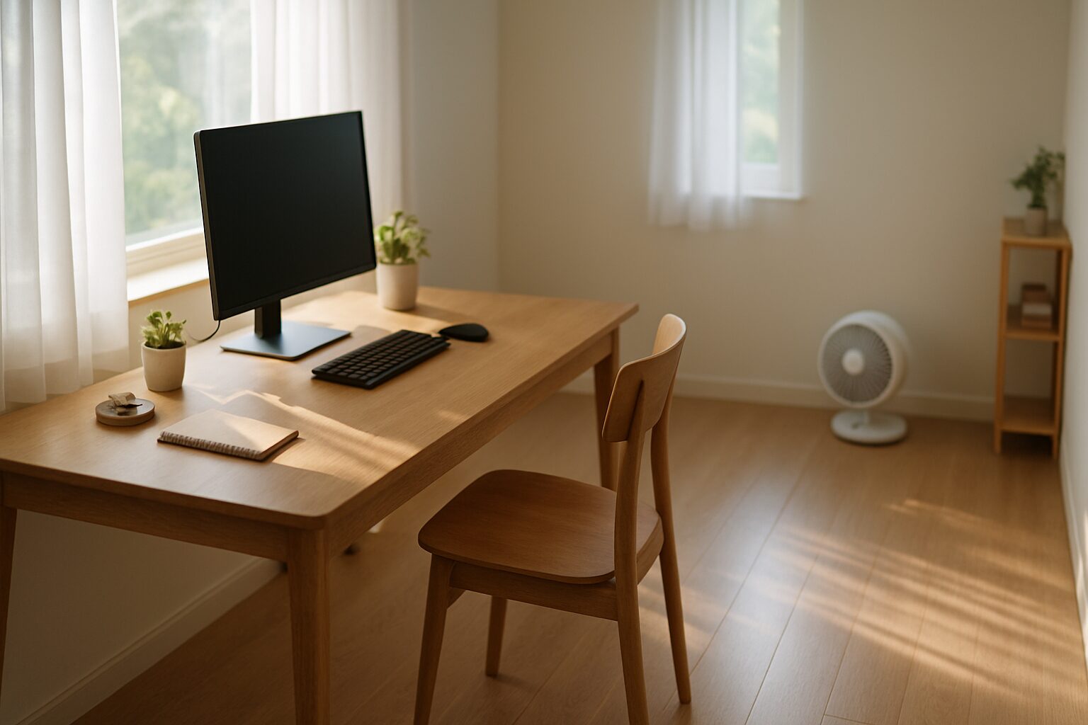 視線が通る木目デスクと床のある室内。柔らかい自然光が差し込み、空気の流れが整うイメージ。