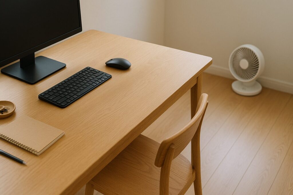 木目デスク上に小物が置かれ、壁際にサーキュレーターが置かれた室内。奥まで視線が通り、空気の流れが整うイメージ。