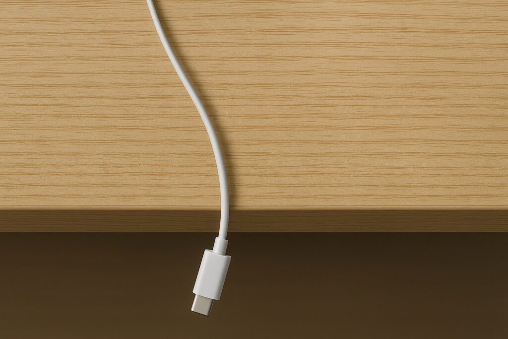 デスク前縁に置いたケーブルが落ちそうになっている俯瞰イメージ