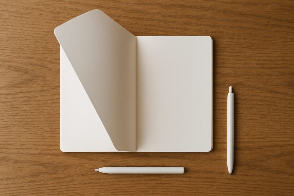 ノートの左ページが浮いて閉じかけている様子を真上寄りで写した、不便な瞬間の挿入画像
