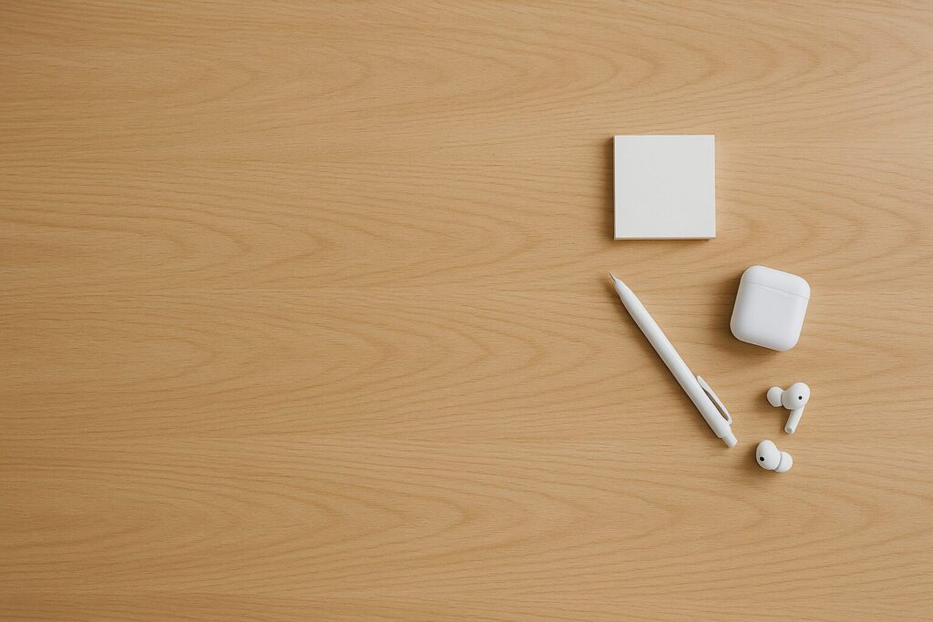 右端に仮置きが集まってしまうデスク上の様子