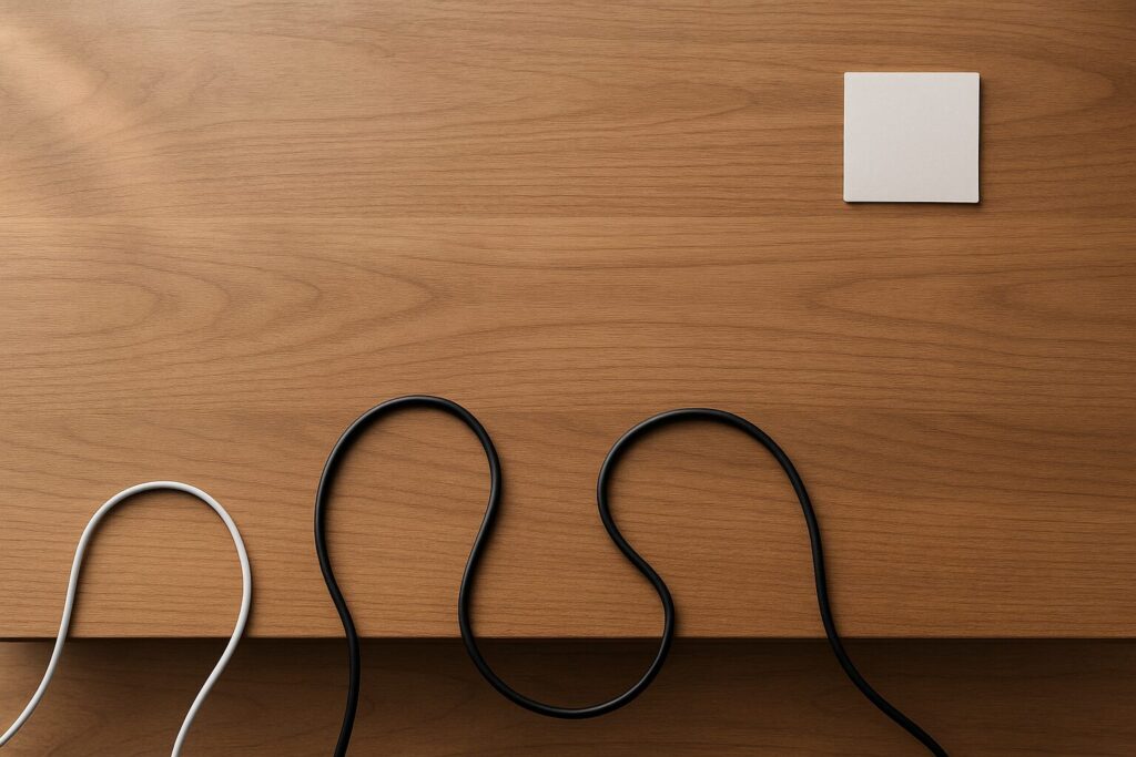 奥行きの基準がないためケーブルが手前へせり出している様子の俯瞰写真