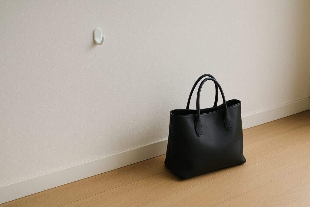床に置かれたバッグと壁のフックの高さがずれている様子を示す写真