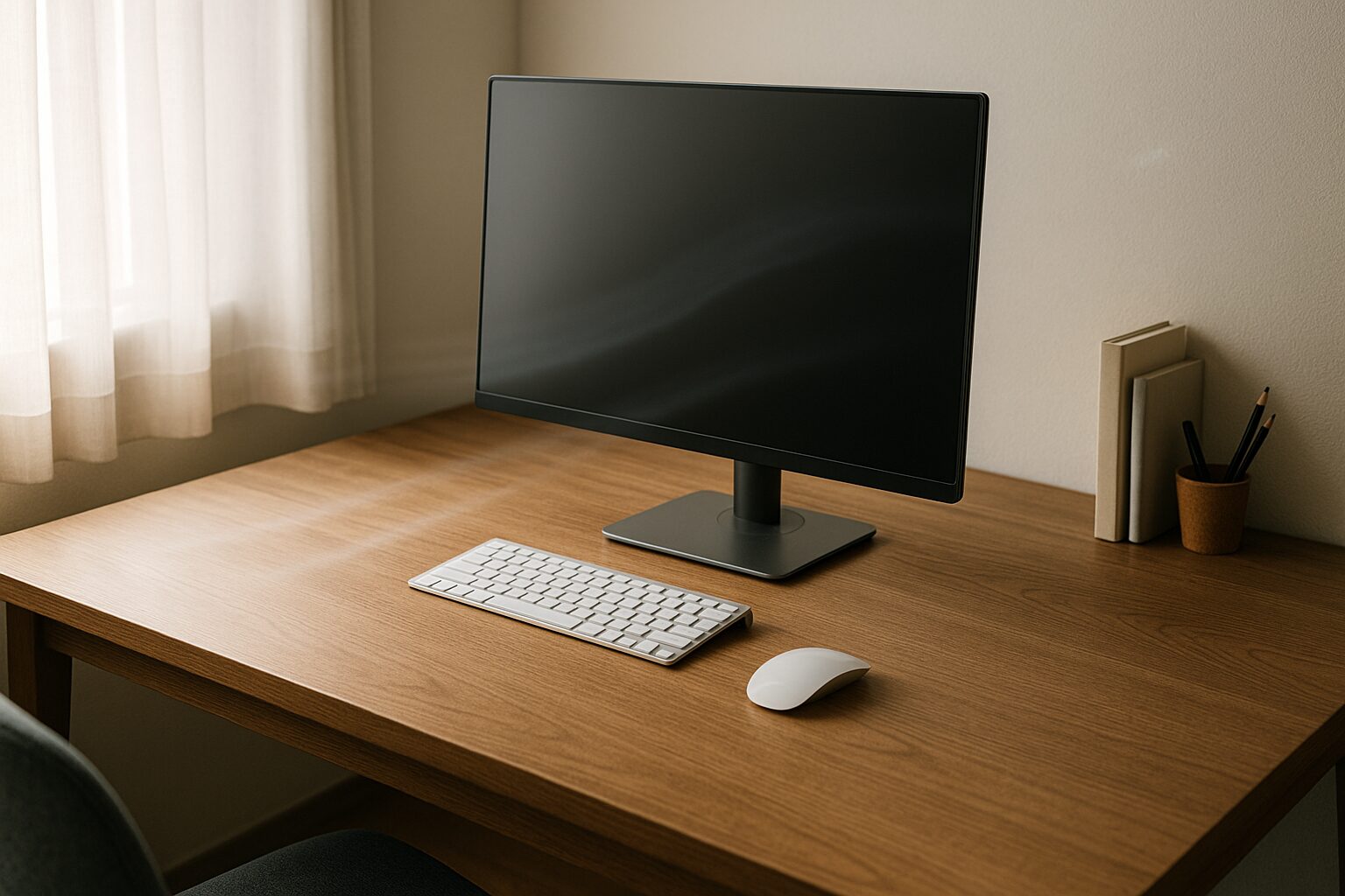 デスク周りにゆるく風が通り抜ける静かな作業空間のイメージ