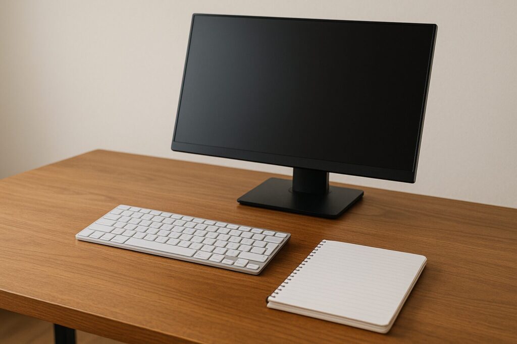 キーボードとノートが手前にあり、奥のモニターとの高さの段差で視線が折れそうに見えるデスク環境