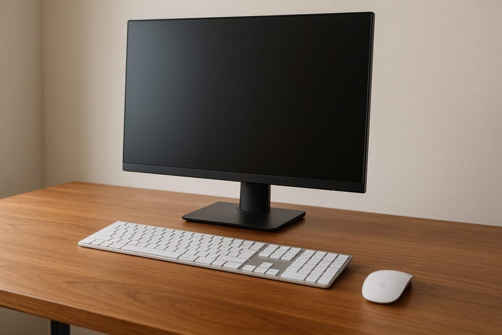 視線がまっすぐ届くよう整った木目デスクの静かな作業環境