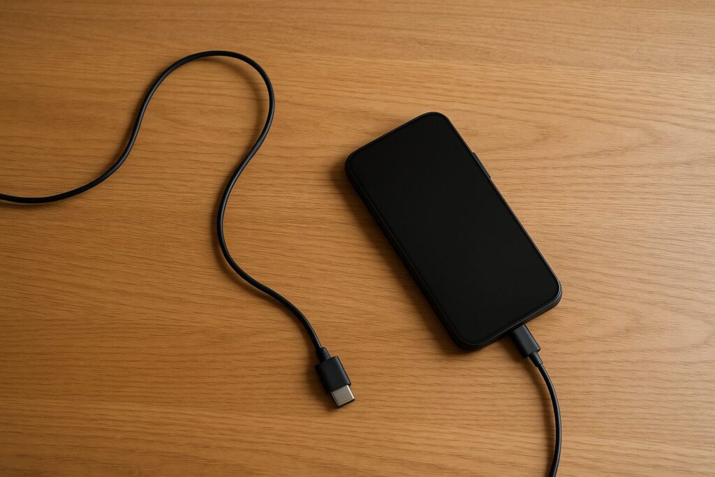 木目デスクでガジェットを充電している様子。ケーブルの向きがわずかに合っておらず、戻しにくい空気感を淡く示した俯瞰シーン