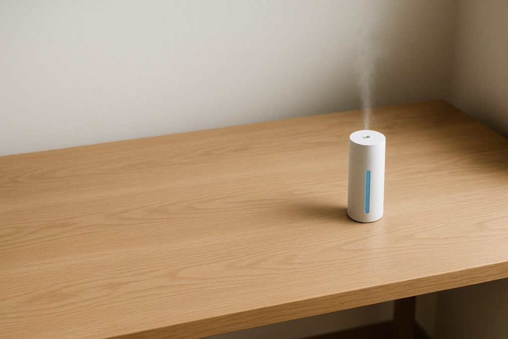 デスクの右端に弱いミストを出す小さな加湿ポイントが置かれた静かな作業風景